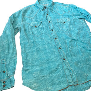 Vintage Ryan Michael Blue Floral Silk Cotton Snap Long Sleeve Top